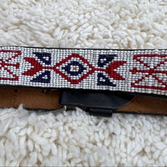 Vintage Boho Leather Belt seed bead Beaded design Hippie 70s retro vibe size 34 main image 7